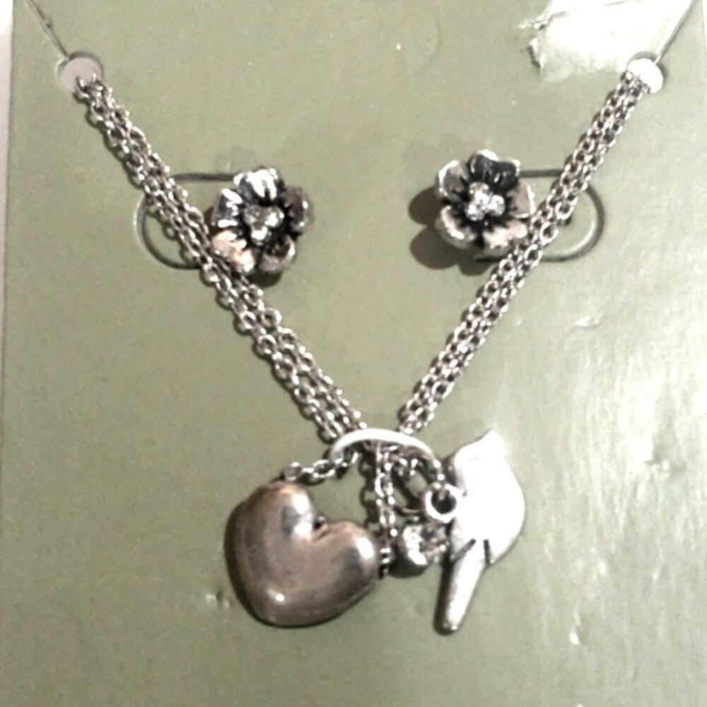 Silver Tone Heart Bird Charm Necklace & Flower Stud Earrings, Women’s Jewelry
